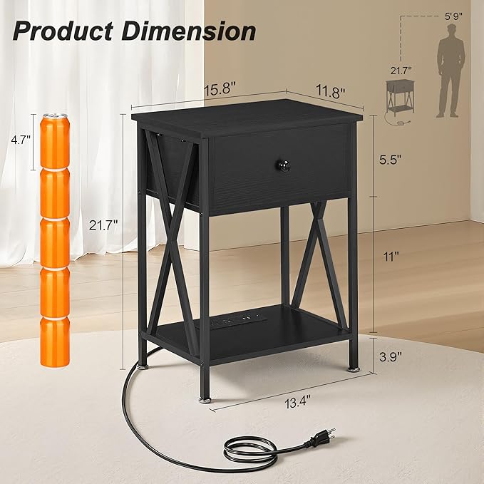 VECELO End Table with Charging Station, Night Stand with Drawers, 2-Tier Bedside Tables with USB Ports & Outlets, Side Table with Storage Shelf for Living Room/Bedroom, Black