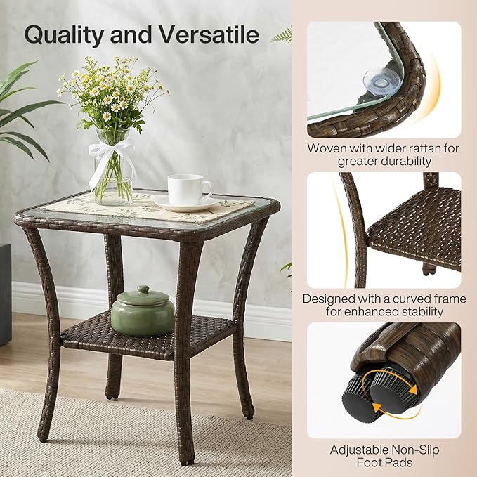 Tribesigns Outdoor Wicker Furniture Set, Patio Wicker Side Table with Tempered Glass Top