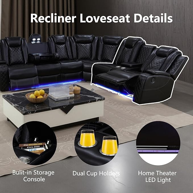 Air Leather Recliner Sectional Sofa Set, Power Reclining Sectional Couch for Living Room, L Shaped Recliner Corner Couch and Single Chair with LED Lighting, USB Port&Storage (Black)