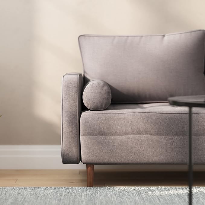 Taylor & Logan Hendrix Tufted Faux Linen Upholstered Mid-Century Modern Loveseat with Solid Wood Legs in Slate Gray
