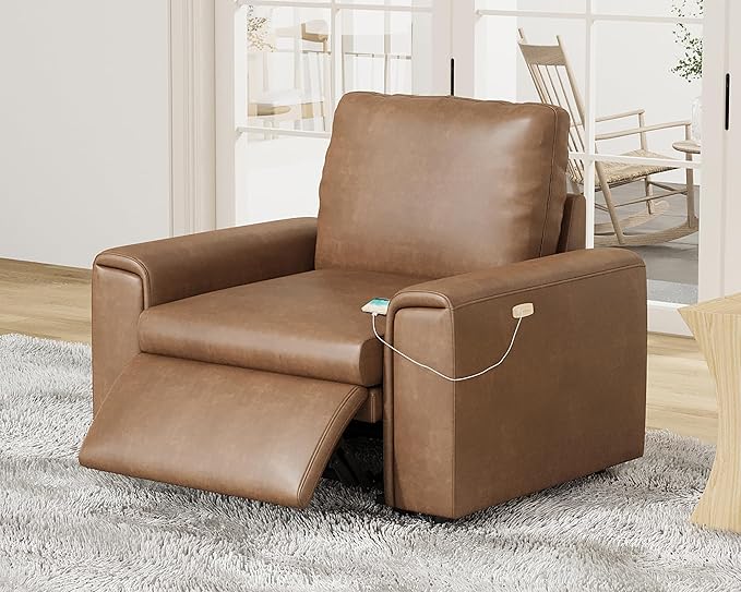 AMERLIFE 44” Power Recliner Chair with 8.5” Wide Armrests, Single Electric Reclining Sofa with USB Charging Port, Leather Recliner for Living Room, Brown