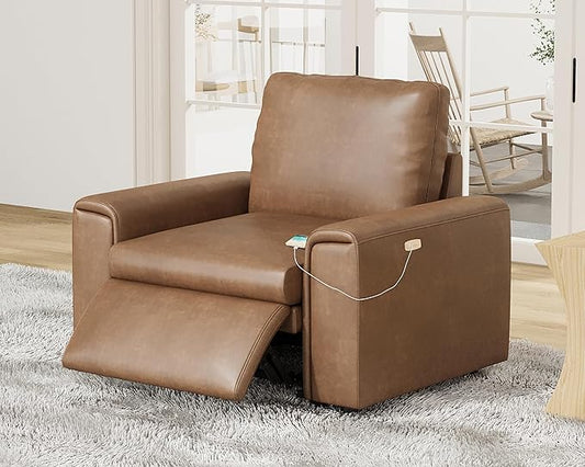 AMERLIFE 44” Power Recliner Chair with 8.5” Wide Armrests, Single Electric Reclining Sofa with USB Charging Port, Leather Recliner for Living Room, Brown