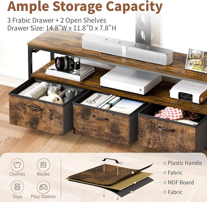 JUSTOGO TV Stand with Mount and Power Outlet, TV Stand with Drawers Storage for Living Room Bedroom, LED Entertainment Center for 45/55/60/65 inch, Height Adjustable Media Console, Rustic Brown