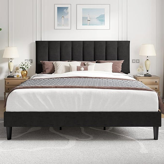 VECELO King Size Bed Frame with Upholstered Headboard, Heavy-Duty Bedframe with Strong Wooden Slats Support, No Boxing Spring Needed, Black