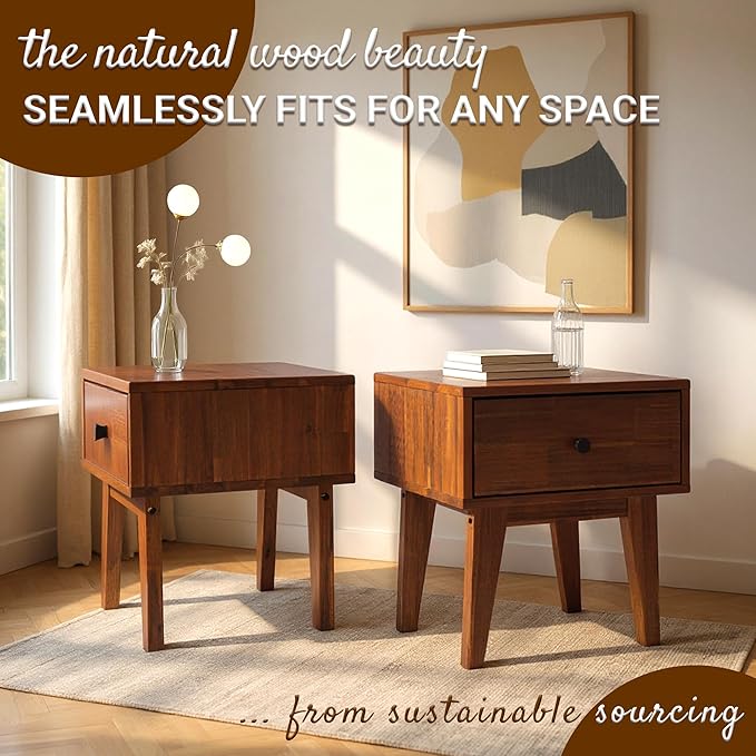 Acacia Sofia Nightstand with Drawer, Bedside Table, Solid Wood Bedside End Table with Drawer and Storage Space for Bedroom, Walnut
