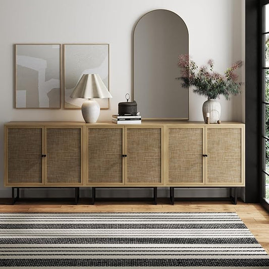 Nathan James Kova Rattan Wood Accent Sideboard Storage Cabinet TV Stand with Matte Metal Frame, Adjustable Shelves and Cane Doors, for Hallway, or Living Room, Light Oak/Cane/Black, Set of 3