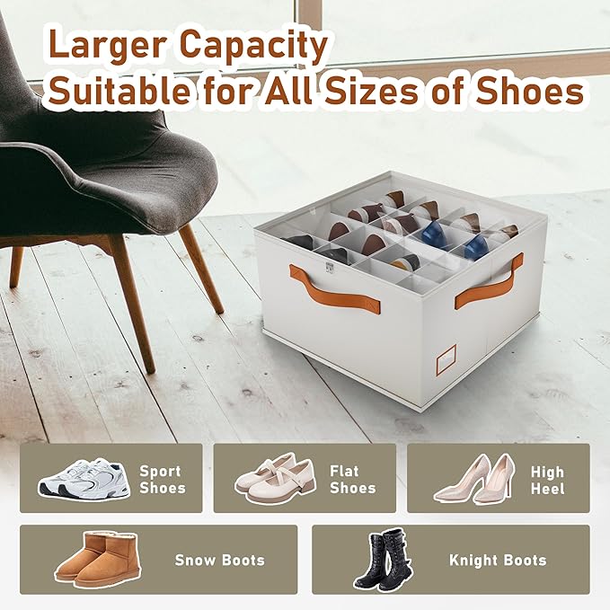 Shoe Organizer for Closet, Fabric Shoe Storage Bins with Clear Cover, Adjustable Dividers for Shoe Storage, Shoe Cube Organizer Fits up to 16 Pairs, Beige 1-Pack