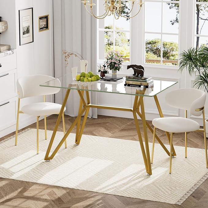 KEIKI 47.3 in Rectangular Glass Dining Table, Suitable for 1-6 People, Modern Style Home Kitchen Dining Table, Equipped with Sturdy Metal Table Legs, Suitable for Dining Room, Living Rooms, Gold