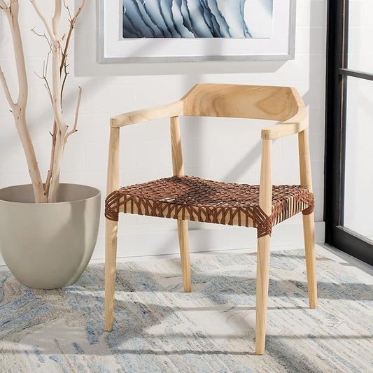 SAFAVIEH Home Collection Munro Natural Sungkai Wood/Light Honey Leather Woven Accent Chair (Fully Assembled)