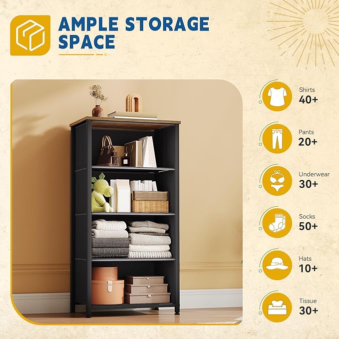 DWVO Dresser with 4 Drawers - Fabric Dresser, Organizer Unit for Bedroom, Living Room, Closets - Sturdy Steel Frame, Easy Pull Fabric Bins & Wooden Top