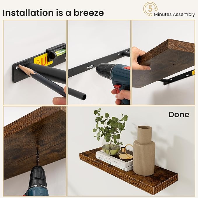Fun Memories Floating Shelves for Wall, Rustic Wood Wall Mounted Shelves for Bathroom, Bedroom, Living Room and Kitchen, Storage & Home Decor (Set of 2, Brown, 36 in)