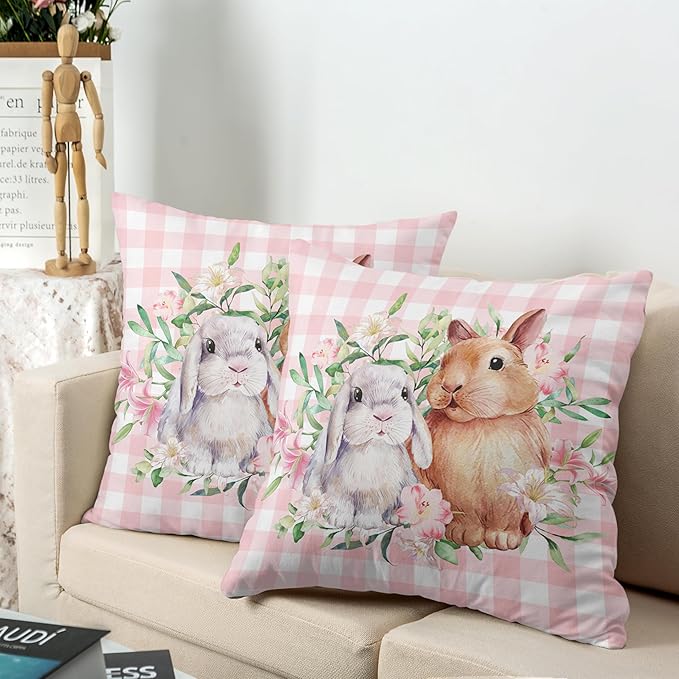 Spring Easter Pillow Covers 24x24 Pack of 2 Lovely Rabbit with Lily Flower Throw Pillow Covers Pink Plaid Bunny Pillow Case for Spring Easter Decoration Sofa Patio Garden