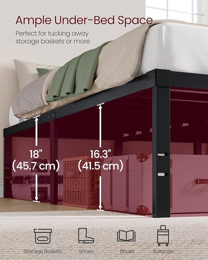 VASAGLE Twin Metal Bed Frame 18 Inches Tall, 550 lb Weight Capacity, No Box Spring Needed, with Under-Bed Storage, Easy Setup, Heavy-Duty Platform Bed, Mattress Retainers, Matte Black URMB673BD02S