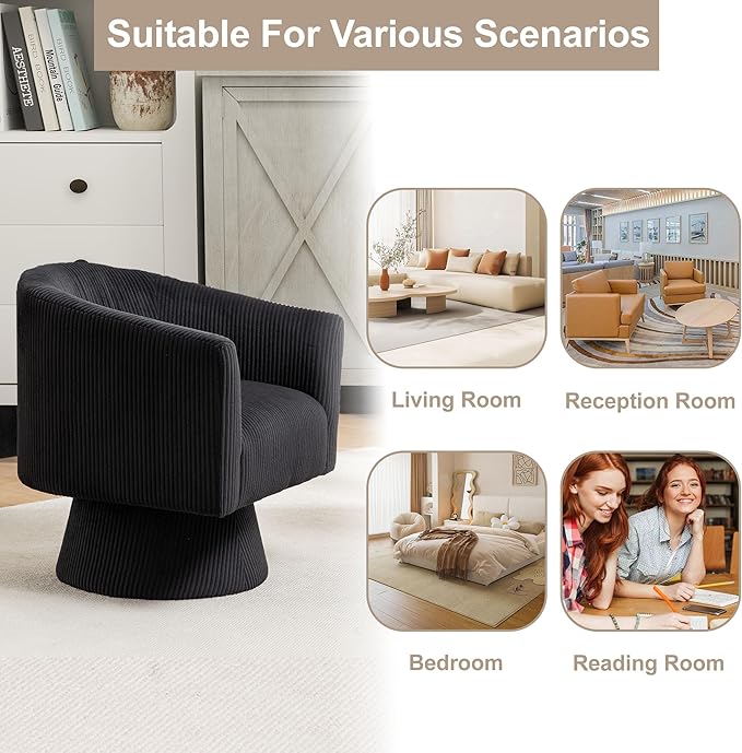 Swivel Accent Chair, Modern 360° Barrel Chair, Corduroy Upholstered Single Sofa for Living Room, Bedroom(Black)