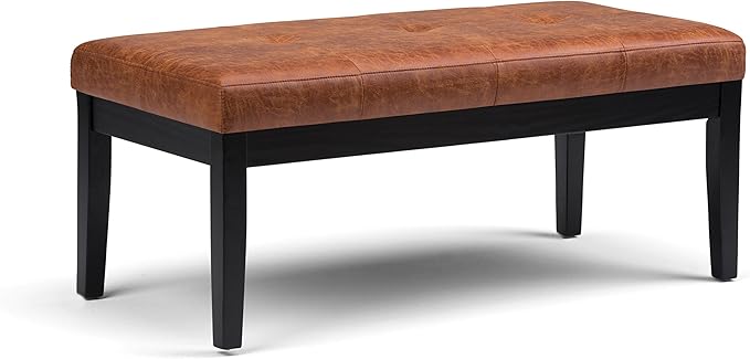 SIMPLIHOME Lacey Tufted Ottoman Bench - 41 inch Wide Upholstered Vegan Leather Rectangle Ottoman in Distressed Saddle Brown, Contemporary Bench for Bedroom or Entryway with Stitching Detail, Assembled