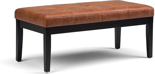 SIMPLIHOME Lacey Tufted Ottoman Bench - 41 inch Wide Upholstered Vegan Leather Rectangle Ottoman in Distressed Saddle Brown, Contemporary Bench for Bedroom or Entryway with Stitching Detail, Assembled
