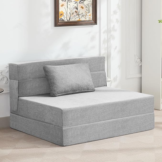 WUTUTUEE Folding Sofa Bed Convertible Floor Couch Foldable Chair Bed with Pillow，Linen Sleeper Chair Futon,Foldable Memory Foam Mattress for Bedroom/Living Room/Dorm/Office (Light Grey, Standard)
