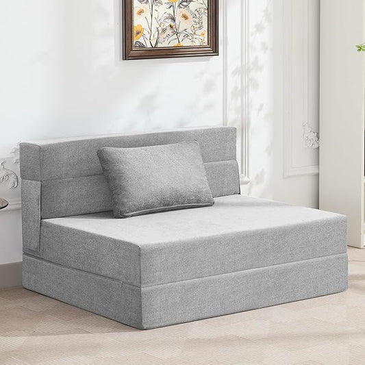 WUTUTUEE Folding Sofa Bed Convertible Floor Couch Foldable Chair Bed with Pillow，Linen Sleeper Chair Futon,Foldable Memory Foam Mattress for Bedroom/Living Room/Dorm/Office (Light Grey, Standard)