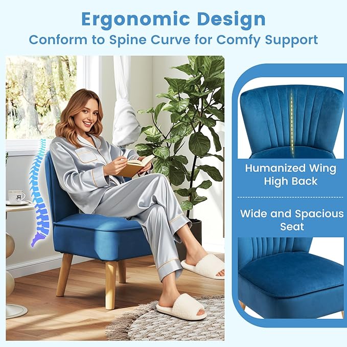 KOMFOTT Velvet Accent Chair Set of 2, Modern Armless Sofa Chair with Solid Rubber Wood Legs, Wingback Leisure Chair with Thick Cushion, Upholstered Side Chair for Living Room, Bedroom, Blue