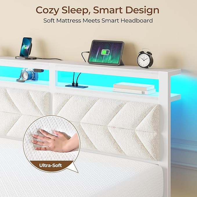 Seventable Bed Frame Twin Size with Charging Station, LED Bed with Upholstered Storage Headboard - 6 Inch Gel Memory Foam Mattress, Fiberglass Free, Breathable & Pressure Relief