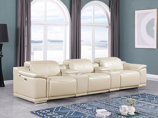 Blackjack Furniture Venice Top Grain Italian Leather Power Recline 5 Piece Sofa - 134" Theater Seating Modern Couch for Living Room Apartment Lounge Home with Adjustable Headrests & USB Port, Beige