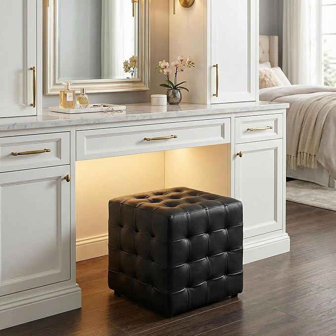 Cortesi Home Charli Tufted Cube Ottoman in 100% Genuine Leather, Black