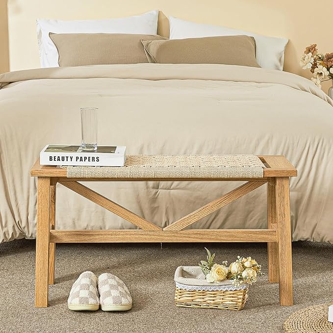 Solid Wood Narrow Bench, 33.46" Woven Bench for Entryway and Hallway, End of Bed Bench with Oak Frame, Boho Accent Bench - 500lbs Capacity (Natural White)