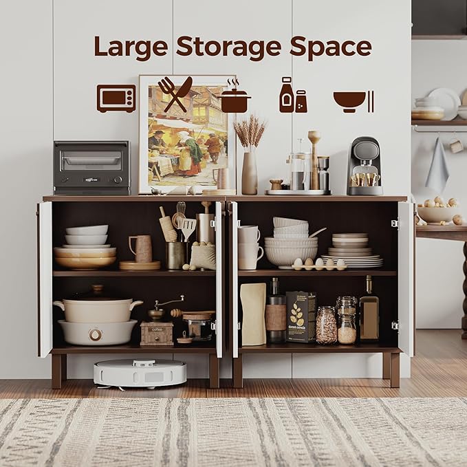 Sideboard Buffet Cabinet with Storage, 2 Doors, Adjustable Shelves, Wooden Mid Century Coffee Bar Cabinet for Entryway, Living Room, Kitchen, Walnut/White