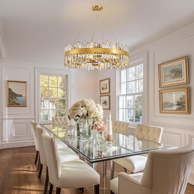 Gold Crystal Chandelier for Dining Room, 16-Light Modern Chandelier, 31.5-inch K9 Crystal Raindrop Ceiling Light, Luxury Flush Mount Light Fixture for Kitchen Living Room Entryway Bedroom