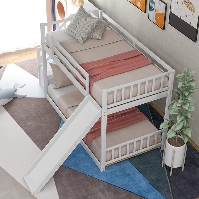 Twin Over Twin Low Bunk Bed with Slide and for Storage Staircase for Teens, Boys or Girls, No Box Sping Needed