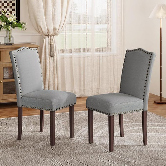 Dining Chairs Set of 2, Soft Comfortable Upholstered Parsons Chairs with High-Density Cushion & Solid Wood Legs, Nailhead Trim, Modern Accent Chairs for Dining Room, Kitchen, Living Room – Grey