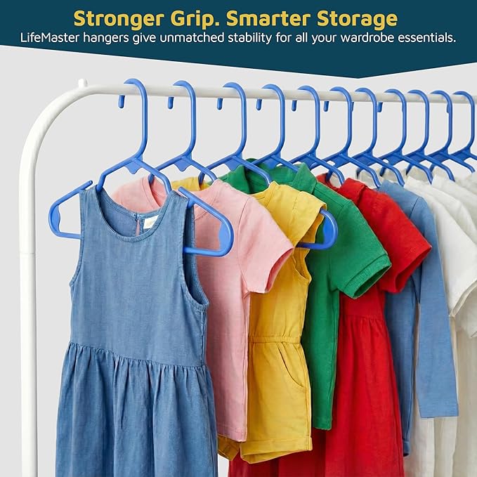 Lifemaster Plastic Kids Clothes Hangers – Children Clothes Hanger with Shoulder Notch, 11.6 Inch Space-Saving Closet Organizer for Baby, Toddler, and Kids Clothing, Hold Up to 5 lbs, Pack of 10, Blue