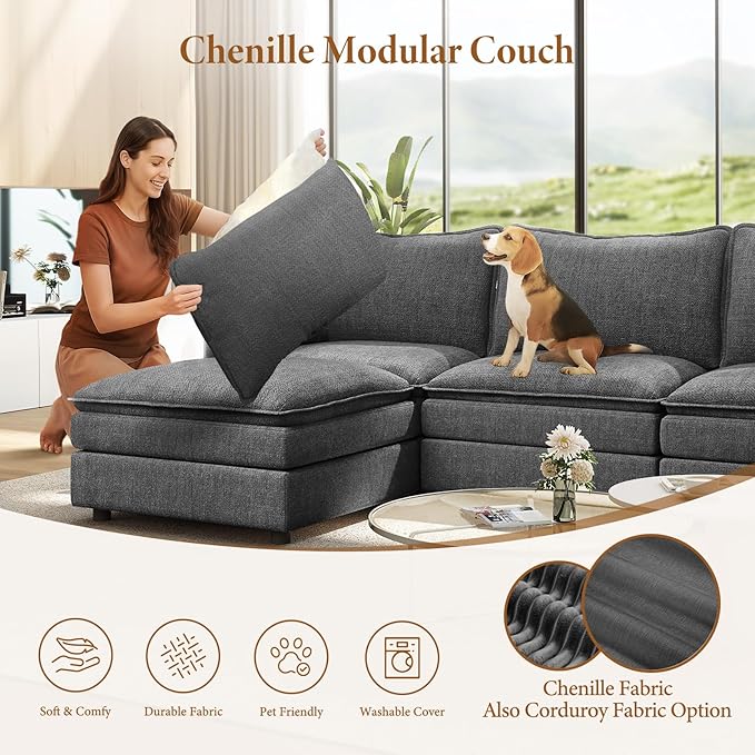 Vesgantti Large Modular Sectional Sofa, Big Comfy Cloud Couch with Ottoman Deep Seat Chenille Cloud Sofa, 9 Seater Large Sectional Couches for Living Room, Bedroom and Apartment, Gray | Sink-in Comfort, Height Adjustable, Easy Rearrangement, Extra-deep...