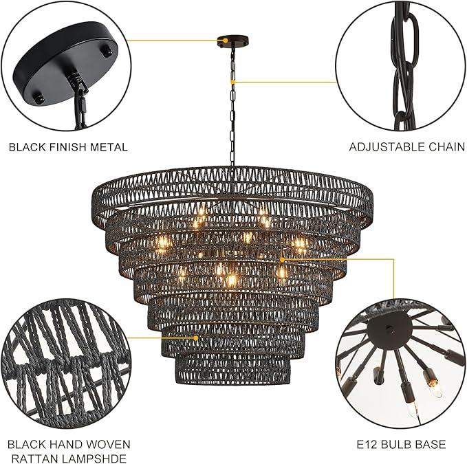 Hand-Woven Rattan Chandelier Vintage Farmhouse 15-Lights Boho Bamboo Large Chandeliers Light Fixture 7-Tier Drum Wicker Chandelier for Dining Room, Living Room, Kitchen, E12