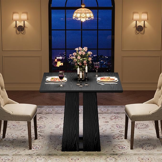 LITTLE TREE Wooden Square Dining Table 4 Sets, 31.5" Farmhouse Kitchen Table with Heavy-Duty Pedestal Base, Dinner Furniture for Dining Room, Living Room, Kitchen (1, Black)