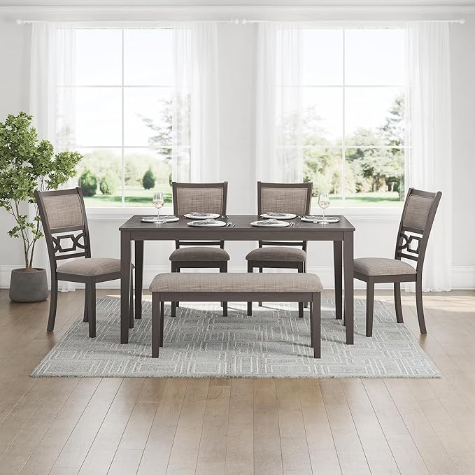 Signature Design by Ashley Wrenning Diamond Patterned Dining Table Set, 4 Upholstered Chairs and Bench, Seats 6, Wood, Gray