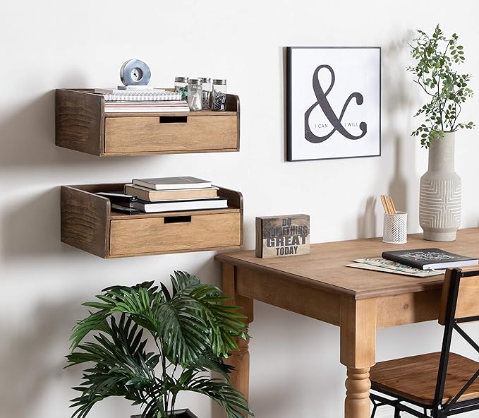 Kate and Laurel Kitt Floating Shelf Side Table with Drawer, Rustic Brown
