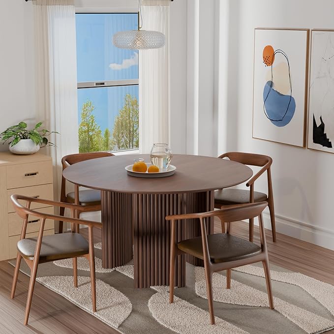 Casaphoria 52" Round Dining Table for 4-6, Farmhouse Style Table with Stripes Base, Easy Assembly for Living Room, Kitchen, Bar, Walnut