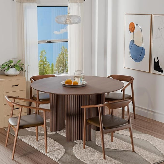 Casaphoria 52" Round Dining Table for 4-6, Farmhouse Style Table with Stripes Base, Easy Assembly for Living Room, Kitchen, Bar, Walnut