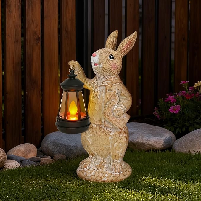 Dr. Bunny Solar Garden Statue, Easter Rabbit Figurine with Glowing Lantern, Handcrafted Resin Outdoor Decor for Patio, Balcony, Yard, Gift for Women, Housewarming, Birthday, Easter Party Decoration