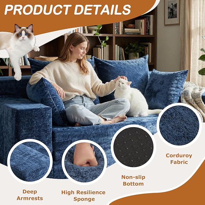 Convertible Sofa Bed, 5 in 1 Small Boneless Couch Pull Out Loveseat Sleeper Sofa,Corduroy Futon Couch Folding Mattress with 4 Pillows for Living Room (Blue, Loveseat(Silky Velvet))