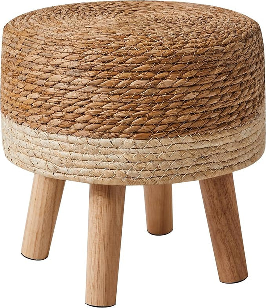 YMYNY Foot Stool Natural Seagrass Hand Weave, 12.6" Small Ottoman, Round Footrest for Living Room, Bedroom, Entryway, Change Shoes Stool, Non-Skid Wood Legs, Boho, Natural+White, UHBD027W