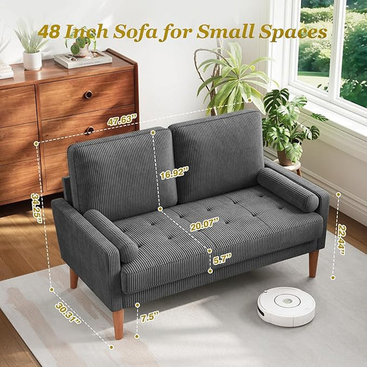 Vesgantti Loveseat Sofa with Solid Wood Legs,48" Small Corduroy Couches for Small Spaces, Mid Century Modern Love Seat for Living Room, Bedroom, Easy Assembly with Throw Pillow, Grey