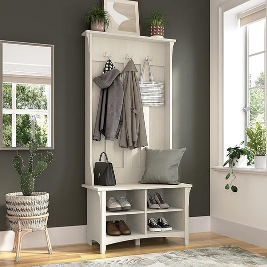 Bush Home Salinas Hall Tree with Shoe Storage Bench in Antique White, Multi-Purpose Home Organizer, Entryway Solution with Seating and Hooks