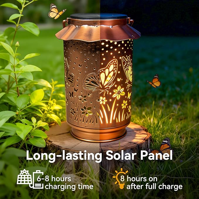 Ollny Solar Lanterns Outdoor Waterproof Butterfly, for Mothers Day Birthday Thanksgiving Gifts for Mom Grandma Sister Women Her, Hanging Solar Metal Lights for Garden Backyard Patio Decor