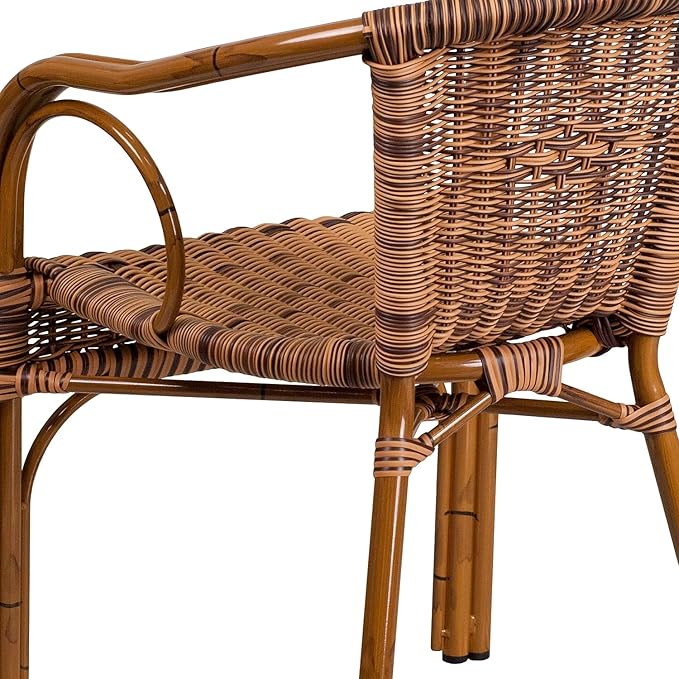 Flash Furniture Cadiz Series Dark Red Bamboo-Aluminum Indoor-Outdoor Restaurant-Patio Chair with Burning Brown Rattan