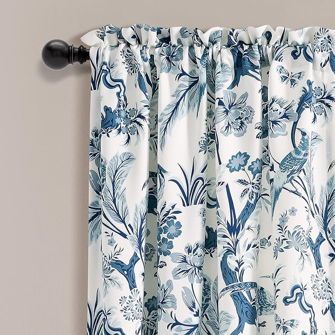 Lush Decor Dolores Light Filtering Window Panels, Pair, 52" W x 63" L, Blue - Floral Curtains for Bedroom - Vintage Curtains - Coquette Room Decor
