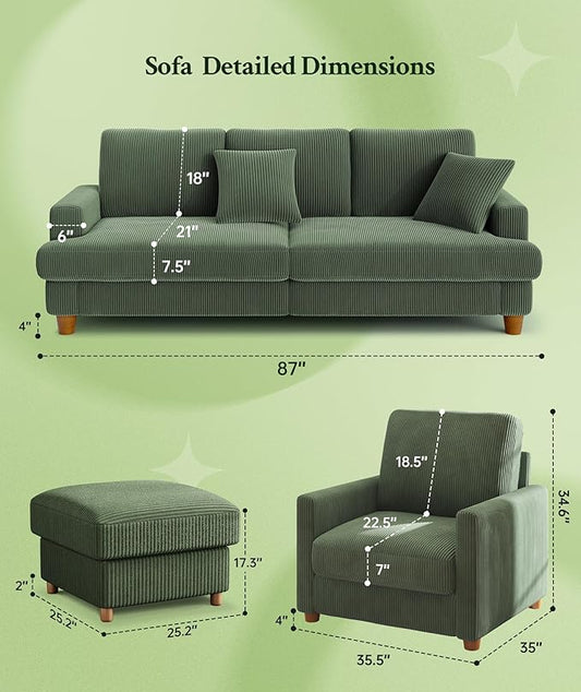 Welzona 87.2" Couches for living Room, Comfy Sectional Couch Green 7.5" Thicker Cushion, Sofas for Living Room Tool-Free Setup, Accent Chair with Ottoman 848lbs Support, Corduroy Couch for Home Office