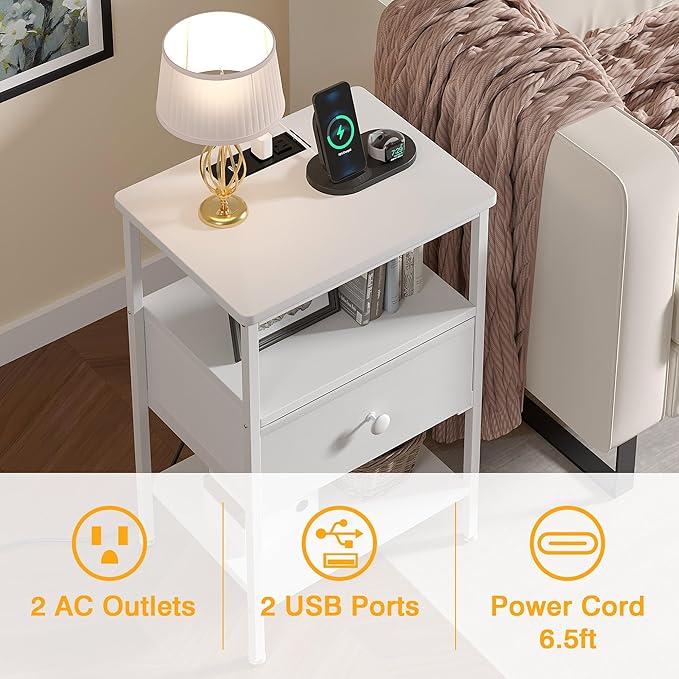 VECELO Nightstands with Charging Station Set of 2,End Tables with Storage Shelf&Fabric Drawer,Bedside Table for Bedroom,Living Room,Small Spaces,White