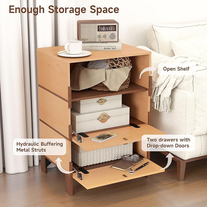27.8" H End Table, Easy Assembly Bedside Table with 2 Drawers & Open Storage, Wood Night Stand, Side Table, End Table for Bedroom, Dormitory, Beech Color